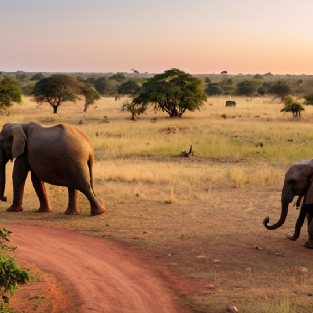 **Prompt:** A panoramic view of the Zambian savanna at sunset. In the foreground, a community-run ecotourism lodge blends seamlessly with the natural environment. A group of tourists are observing elephants in the distance, guided by local community members. The scene should evoke a sense of harmony between tourism, conservation, and local communities. Focus on warm lighting and realistic details.