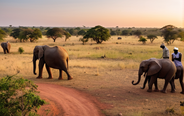 **Prompt:** A panoramic view of the Zambian savanna at sunset. In the foreground, a community-run ecotourism lodge blends seamlessly with the natural environment. A group of tourists are observing elephants in the distance, guided by local community members. The scene should evoke a sense of harmony between tourism, conservation, and local communities. Focus on warm lighting and realistic details.