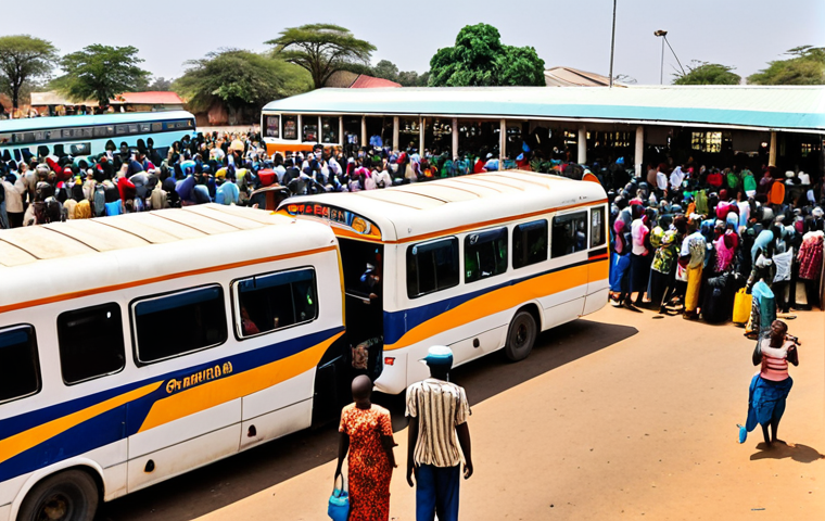**Prompt:** A crowded Zambian bus station scene. Numerous local buses are lined up, each displaying its destination. Street vendors are selling snacks and drinks amidst a throng of travelers. Capture the organized chaos and vibrant atmosphere of a typical Zambian bus station. The feeling is authentic and bustling.