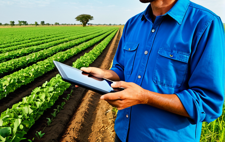 A wide panoramic shot of a vast, modern agricultural farm in Zambia. Lush green fields stretch towards the horizon under a bright, clear sky, with visible efficient irrigation systems. In the foreground, a professional agronomist, fully clothed in appropriate, modest field attire, stands observing the crops, holding a tablet. A modern agricultural drone is visible in the sky above the fields. The scene emphasizes growth and prosperity. safe for work, appropriate content, fully clothed, professional, perfect anatomy, correct proportions, natural pose, well-formed hands, proper finger count, natural body proportions, high-quality, professional photography, vibrant colors, detailed, family-friendly.