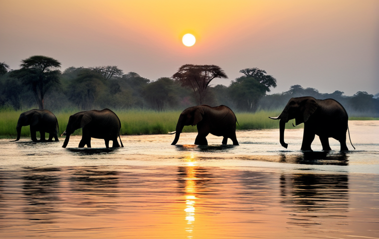 A serene landscape of the Zambian Lower Zambezi region. A majestic African elephant herd is seen gracefully crossing a wide, calm river at sunrise. The soft, golden light reflects on the water, highlighting the silhouettes of the elephants and the distant riverine forest. The air is clear and peaceful. The scene captures the essence of untouched wilderness. Professional wildlife photography, cinematic lighting, high resolution, ultra-detailed, natural light, safe for work, appropriate content, family-friendly, correct proportions, natural pose.
