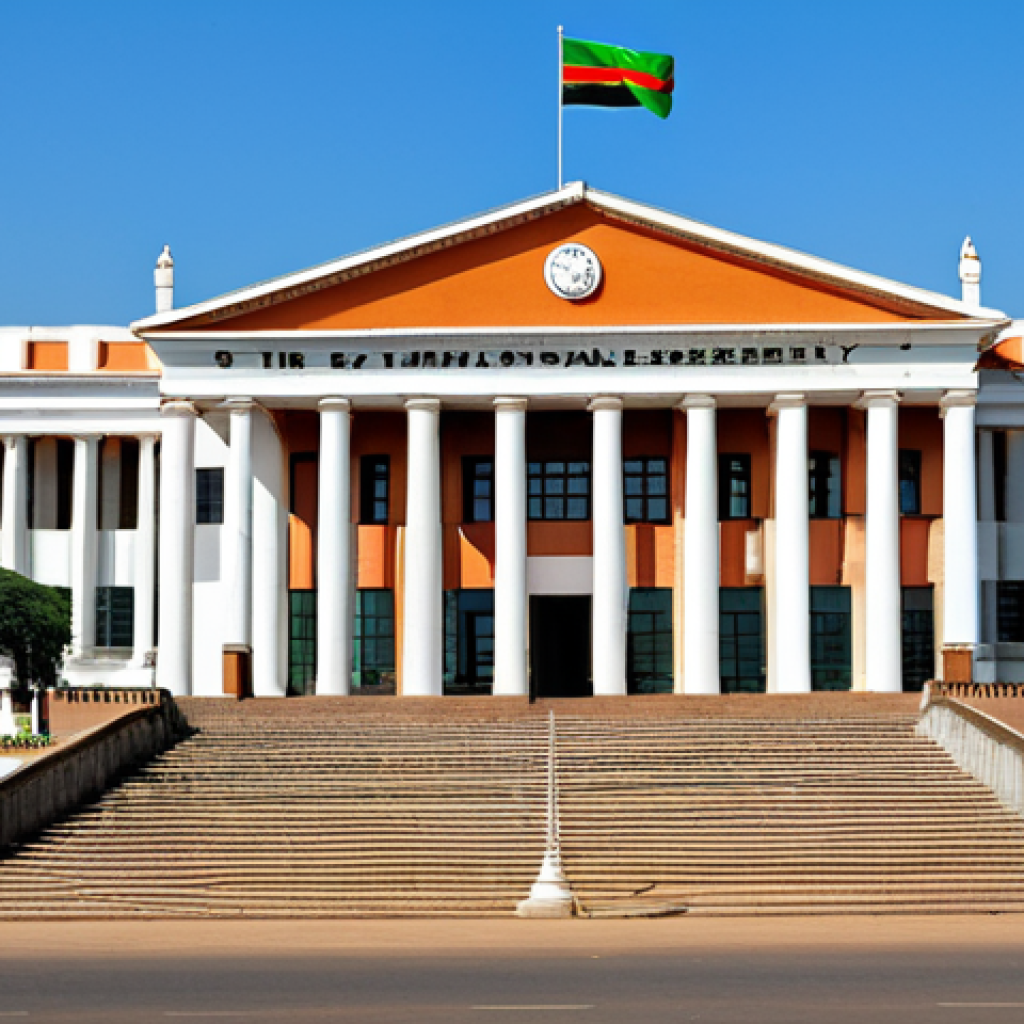 잠비아 의회 구조 - **Prompt:** "The Zambian National Assembly building, exterior view, daytime, clear sky, showcasing t...