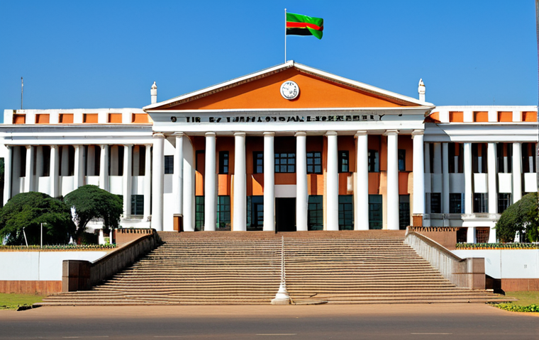 잠비아 의회 구조 - **Prompt:** "The Zambian National Assembly building, exterior view, daytime, clear sky, showcasing t...