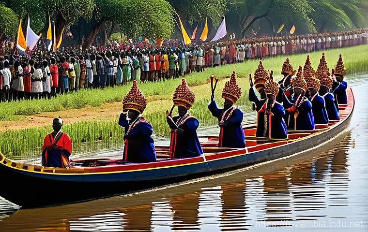 잠비아 주요 명절 - **Kuomboka Ceremony: Royal Barge Procession**
    "A majestic wide shot of the Kuomboka ceremony in ...