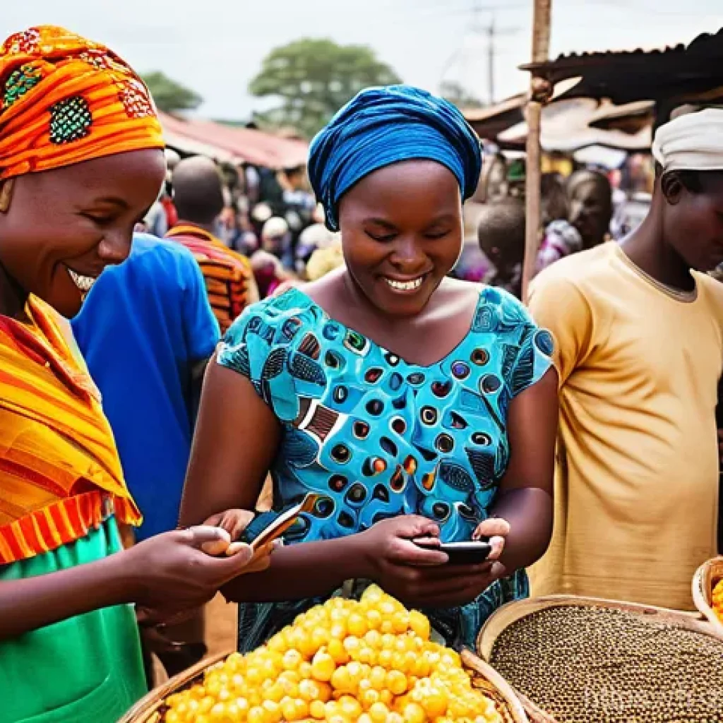 잠비아 인터넷 보급률 - **Prompt 1: Bustling Zambian Market with Mobile Money Transactions**
    "A vibrant, wide-angle shot...