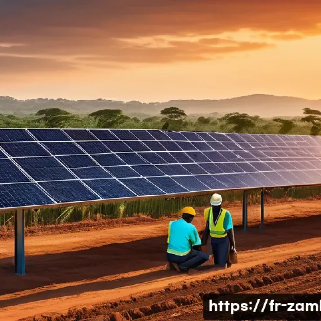 잠비아 미국 관계 - A vibrant scene depicting American and Zambian engineers collaborating on a large solar energy farm ...