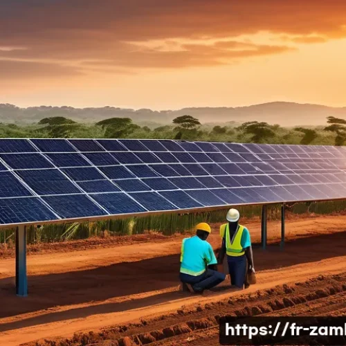 잠비아 미국 관계 - A vibrant scene depicting American and Zambian engineers collaborating on a large solar energy farm ...