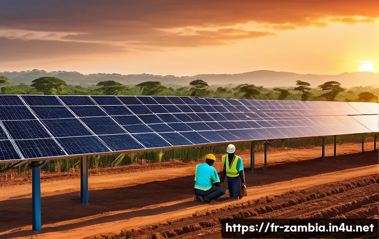 잠비아 미국 관계 - A vibrant scene depicting American and Zambian engineers collaborating on a large solar energy farm ...