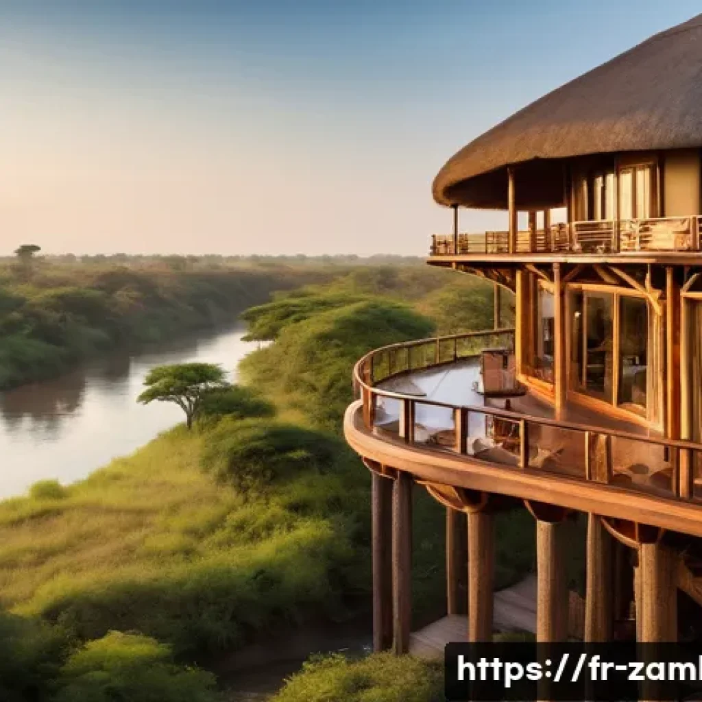 잠비아 고급 호텔 - A luxurious lodge perched on the edge of the Zambezi River at sunset, featuring elegant wooden and s...