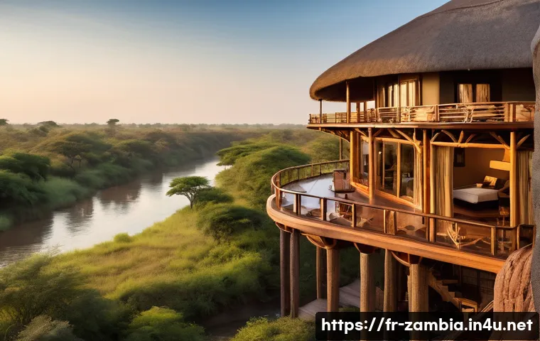 잠비아 고급 호텔 - A luxurious lodge perched on the edge of the Zambezi River at sunset, featuring elegant wooden and s...