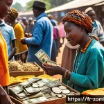Home 22 잠비아 환전 팁 - A vibrant market scene in Zambia featuring local vendors and shoppers exchanging colorful Zambian kw...