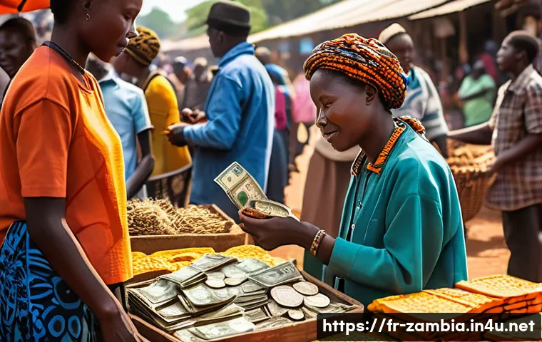잠비아 환전 팁 - A vibrant market scene in Zambia featuring local vendors and shoppers exchanging colorful Zambian kw...