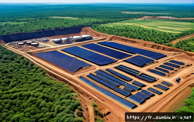 잠비아 주요 수출품 - A detailed aerial view of a modern Zambian mining site surrounded by lush green rural landscapes, sh...