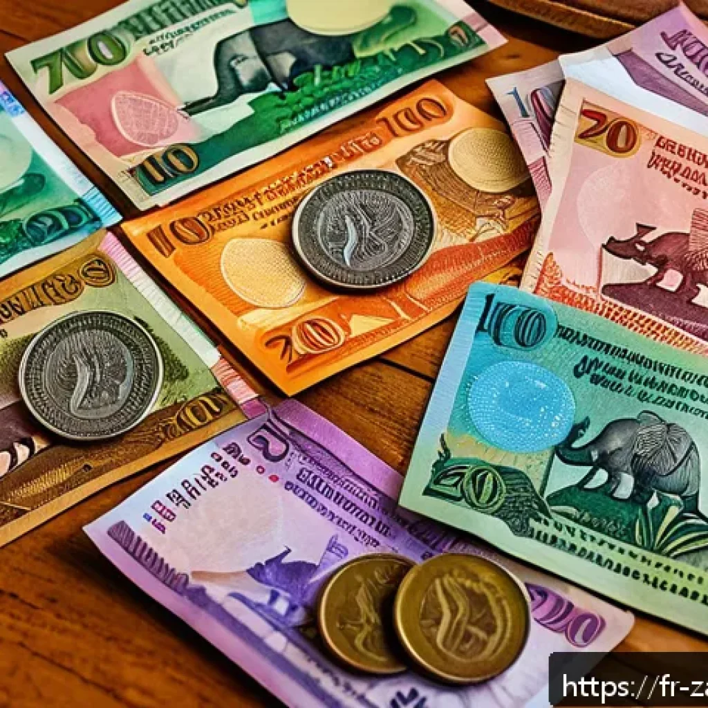 잠비아 화폐 단위 - A vibrant close-up of Zambian kwacha banknotes and coins spread on a traditional wooden table, showc...