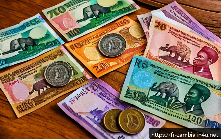 잠비아 화폐 단위 - A vibrant close-up of Zambian kwacha banknotes and coins spread on a traditional wooden table, showc...