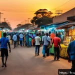 Home 19 잠비아 범죄율 - A vibrant urban street scene in Lusaka, Zambia at dusk, showing a busy marketplace with diverse peop...