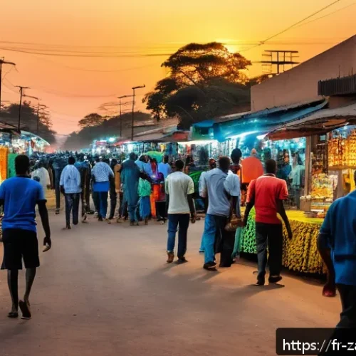 Home 31 잠비아 범죄율 - A vibrant urban street scene in Lusaka, Zambia at dusk, showing a busy marketplace with diverse peop...