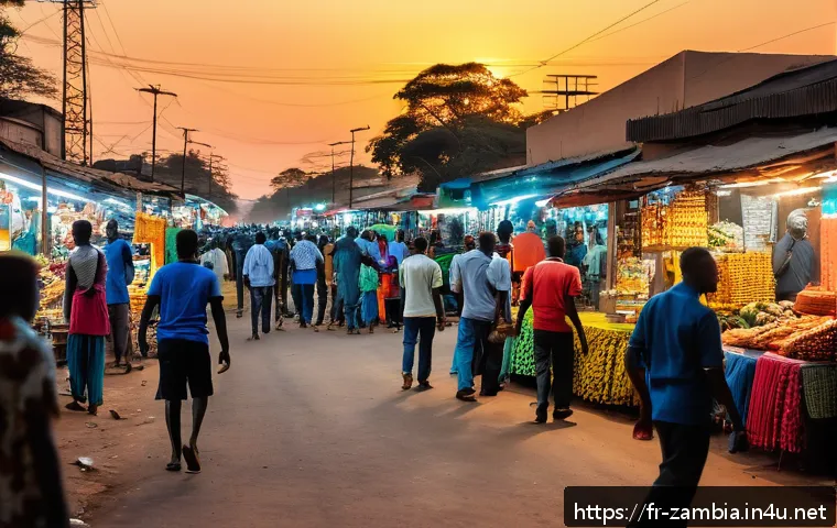 잠비아 범죄율 - A vibrant urban street scene in Lusaka, Zambia at dusk, showing a busy marketplace with diverse peop...