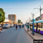 Home 18 잠비아 중국 투자 - A bustling urban scene in Lusaka, Zambia, showing modernized neighborhoods with new roads and energy...