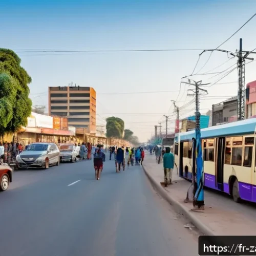 Home 30 잠비아 중국 투자 - A bustling urban scene in Lusaka, Zambia, showing modernized neighborhoods with new roads and energy...
