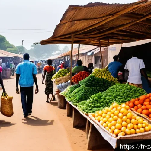 Home 17 잠비아 해외 이민 - A vibrant street market scene in Lusaka, Zambia, bustling with diverse people shopping for fresh loc...