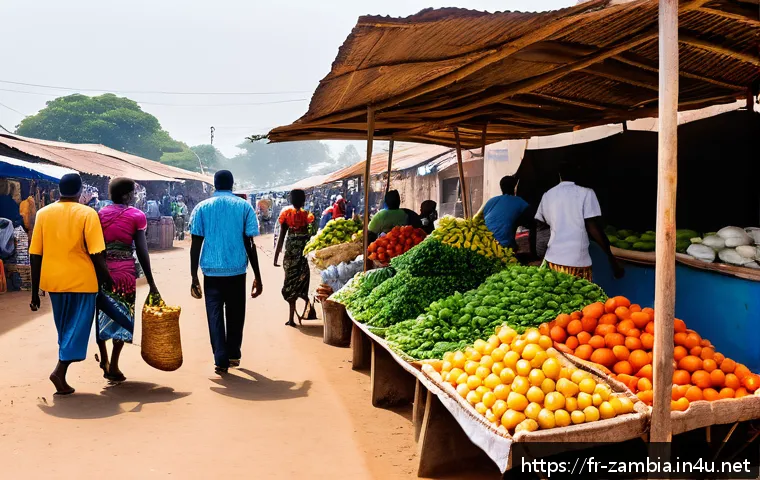 잠비아 해외 이민 - A vibrant street market scene in Lusaka, Zambia, bustling with diverse people shopping for fresh loc...