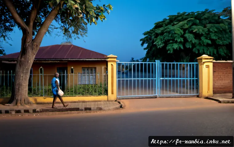 잠비아 범죄 유형 - Photorealistic street-safety scene in Lusaka, Zambia: a cautious adult walking beside a locked gate ...
