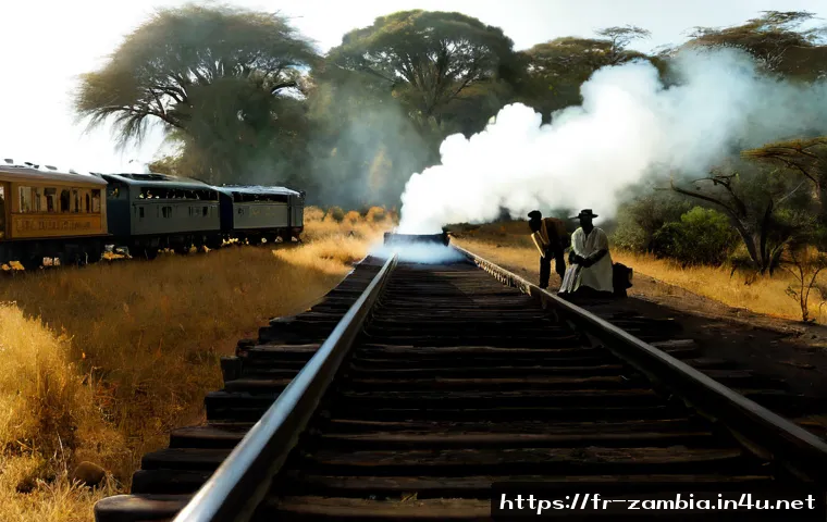 잠비아 식민지 시대 - Photorealistic historical scene in colonial-era Northern Rhodesia, early 20th century: African railw...